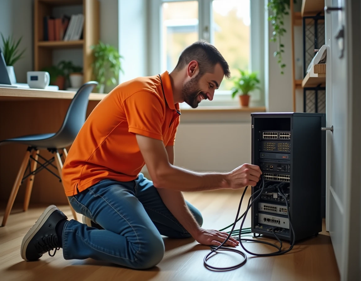 Technicien d'Abracadaclic à Pontarlier installant un réseau informatique chez un particulier