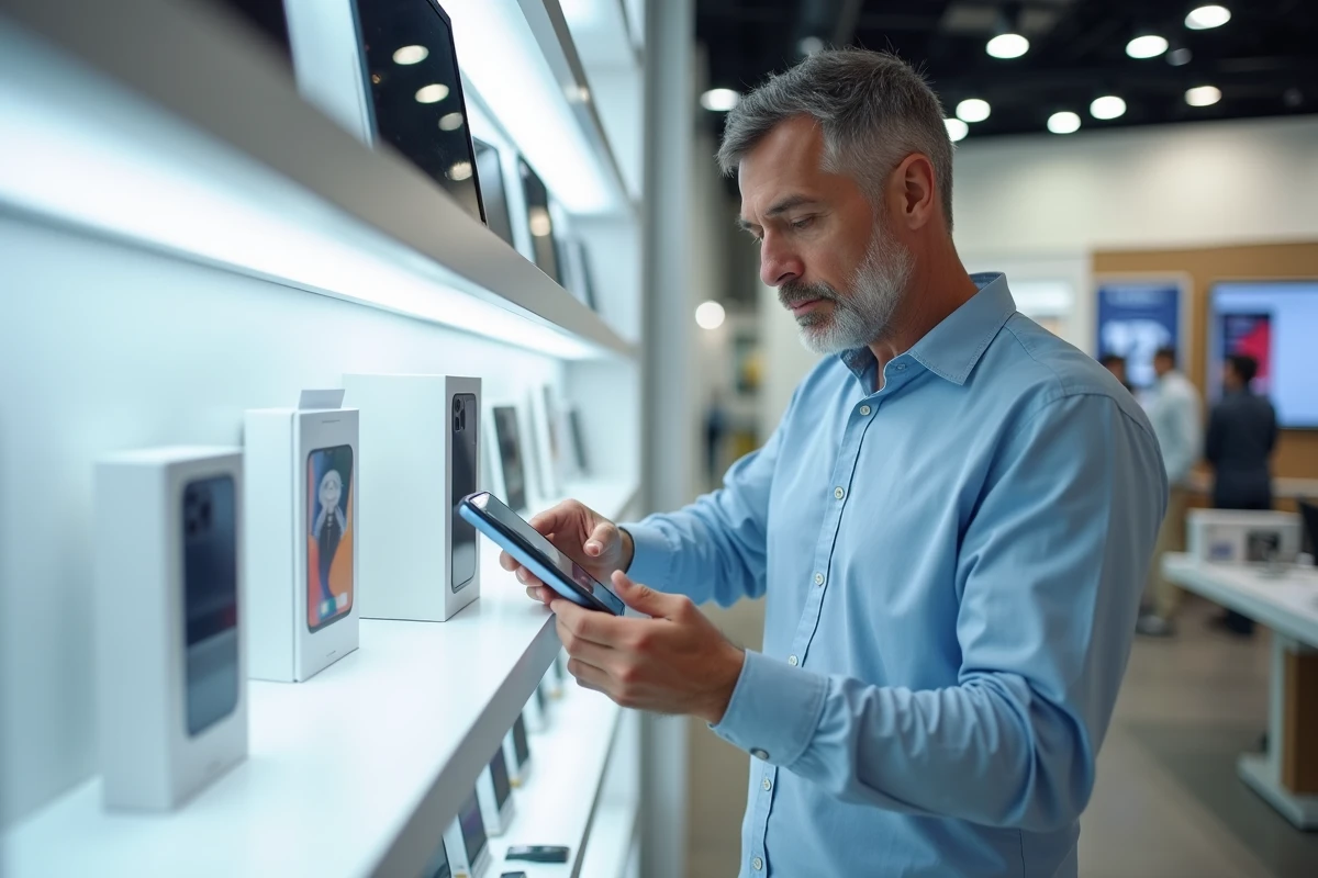 Homme en magasin d'électronique comparant les prix d'un téléphone reconditionné et d'un smartphone neuf sur une étagère blanche