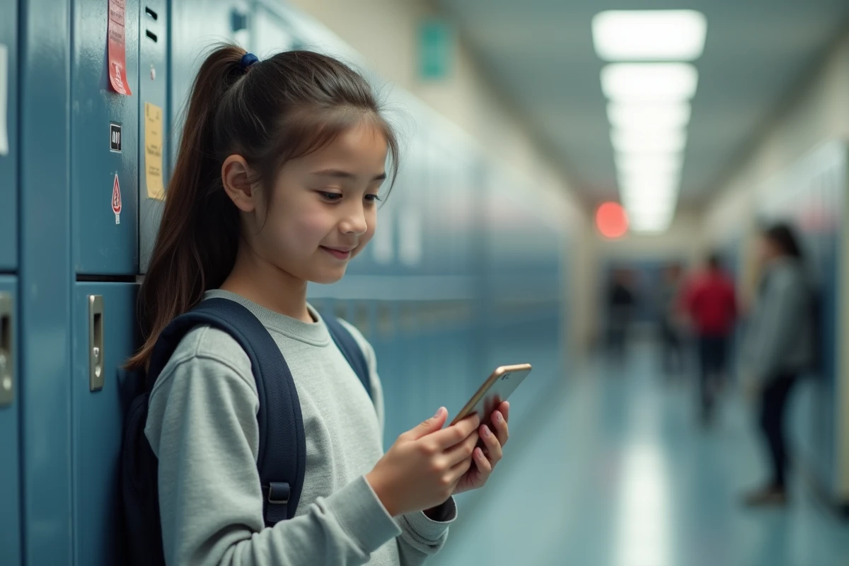Adolescente consultant son smartphone Huawei P10 Lite dans un couloir de lycée