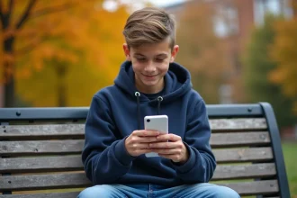 Adolescent de 16 ans tenant un smartphone Huawei P10 Lite dans un parc urbain en automne
