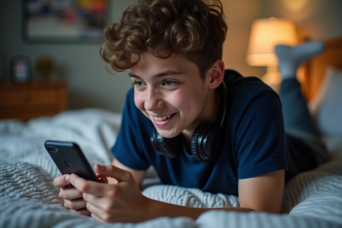 Adolescent téléchargeant une vidéo YouTube en MP4 sur smartphone depuis sa chambre