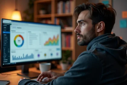 Homme analysant des données de classement de sites web sur un ordinateur dans un bureau à domicile