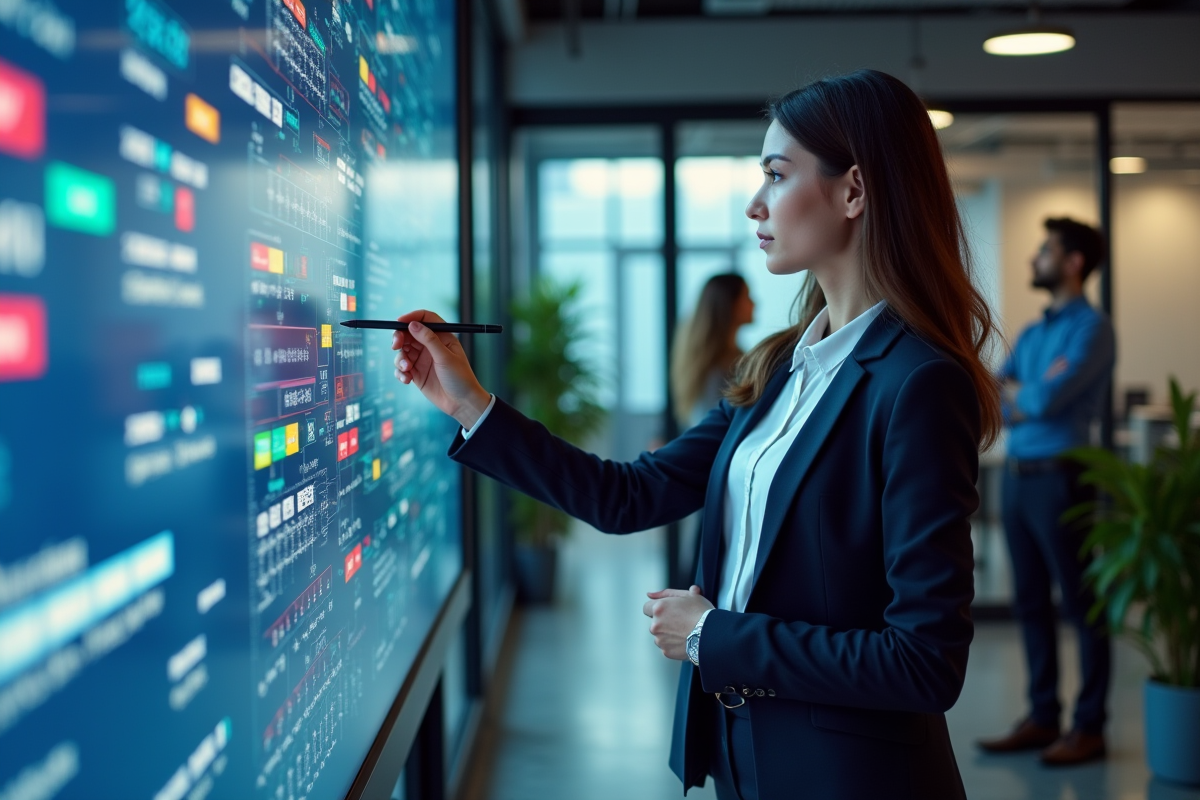 Jeune femme analyste devant un grand affichage digital