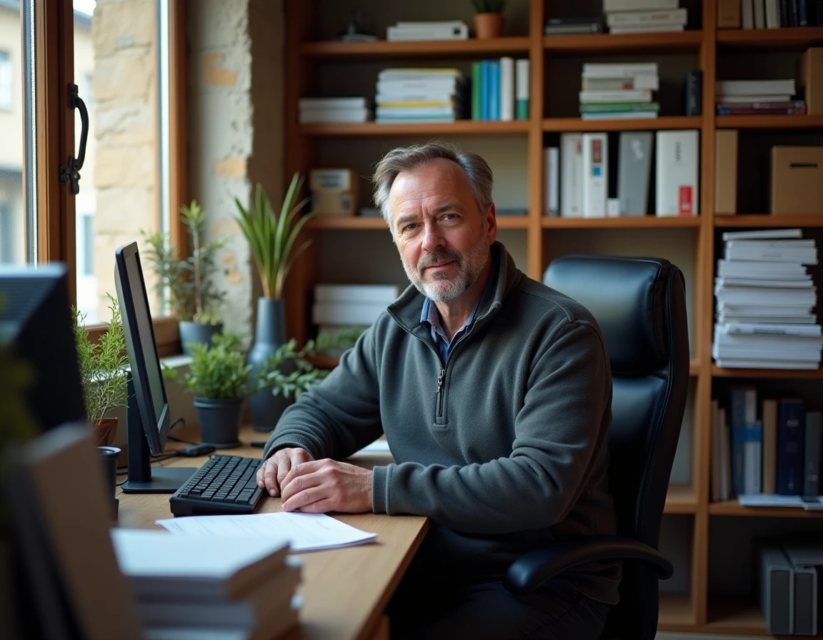Spécialiste informatique d'Ant-Ari Système Editions dans son bureau à Arçon entouré de solutions logicielles