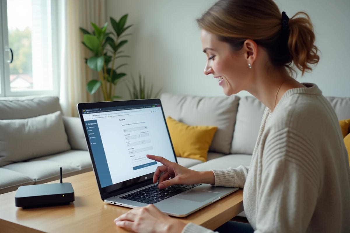 Femme appliquant les corrections dans les paramètres du routeur pour stabiliser la connexion Wi-Fi à domicile