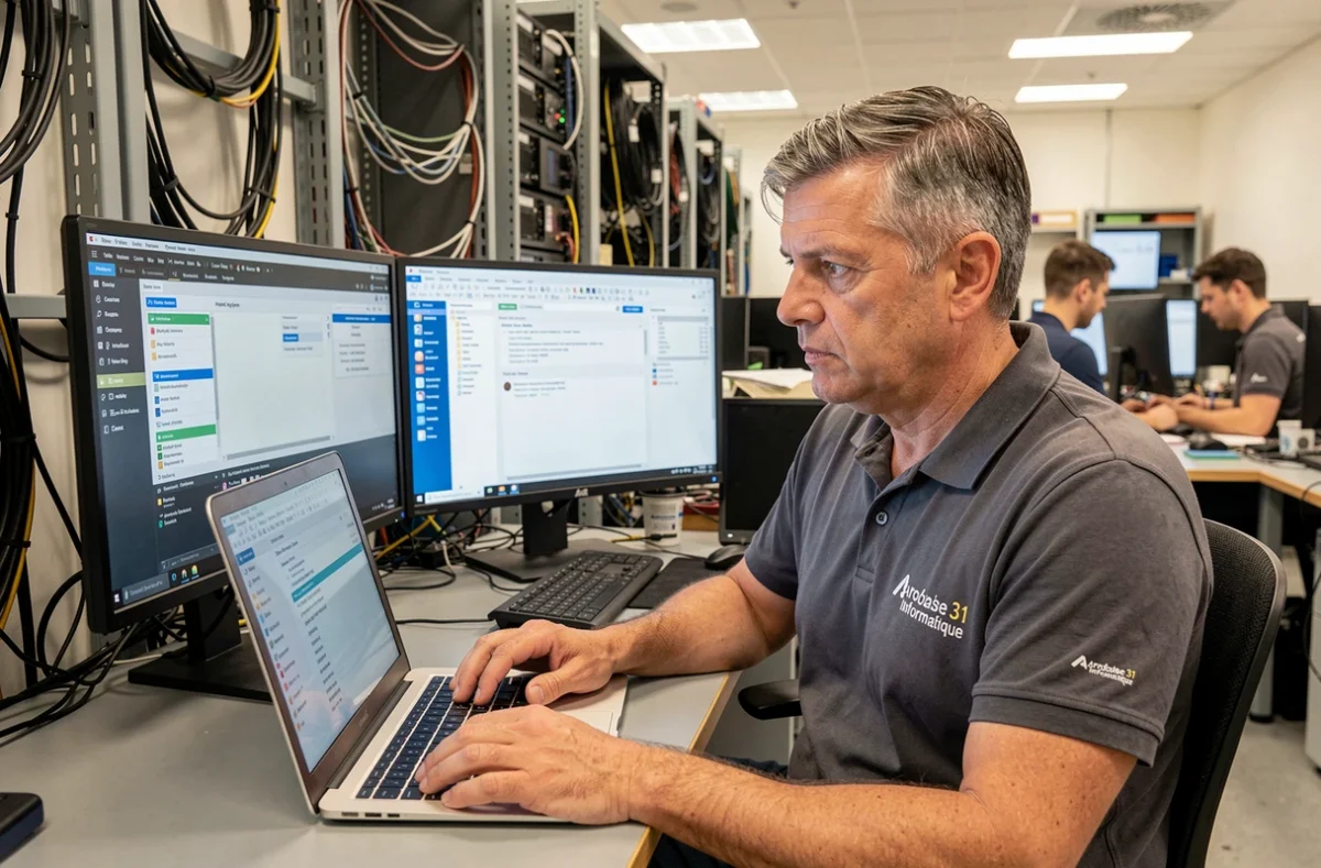 Technicien d'Arobase 31 Informatique à Toulouse effectuant un diagnostic Mac sur un poste de travail professionnel