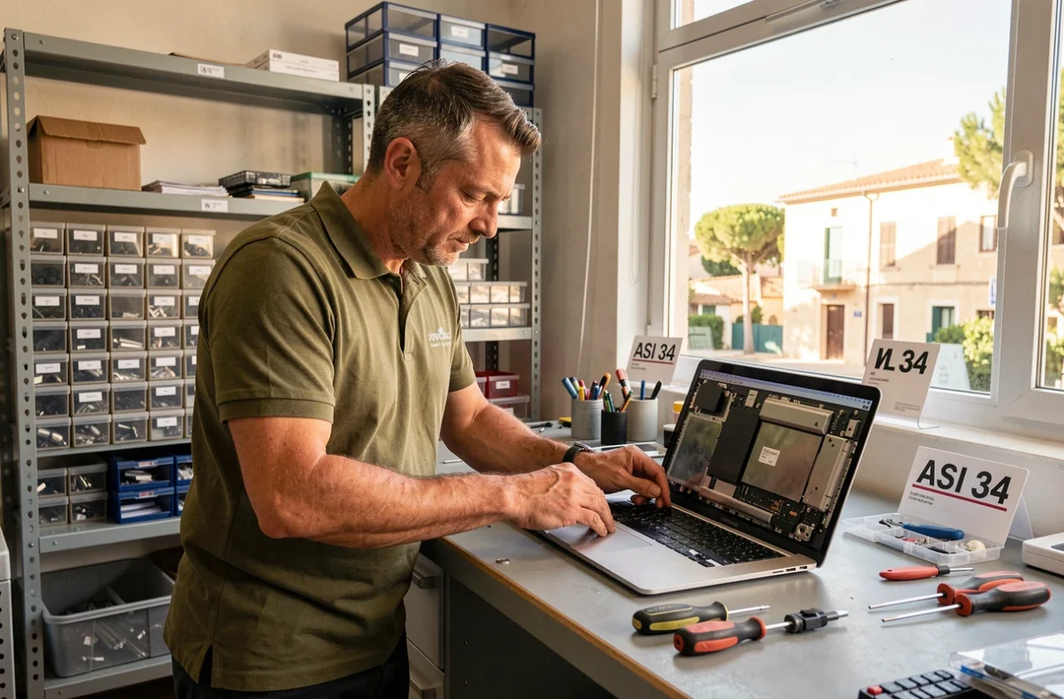 Technicien d'ASI 34 à Juvignac remplaçant l'écran d'un MacBook sur un établi de réparation bien organisé