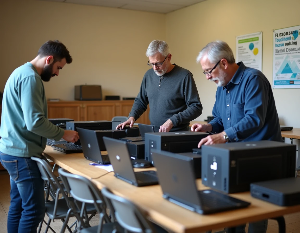 Bénévoles de l'Association Saint-Vit Informatique reconditionnant des équipements informatiques dans une salle communautaire