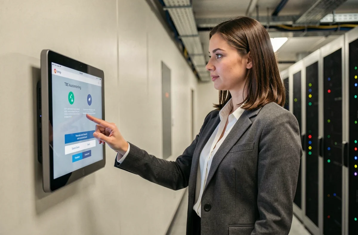 Administratrice système authentifiant un certificat SSL sur une interface tactile dans une salle serveur