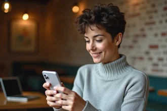 Femme tenant un smartphone Google Pixel dans un café, évaluant ses fonctionnalités avec une expression réfléchie