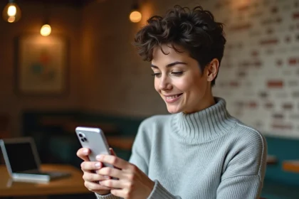 Femme tenant un smartphone Google Pixel dans un café, évaluant ses fonctionnalités avec une expression réfléchie