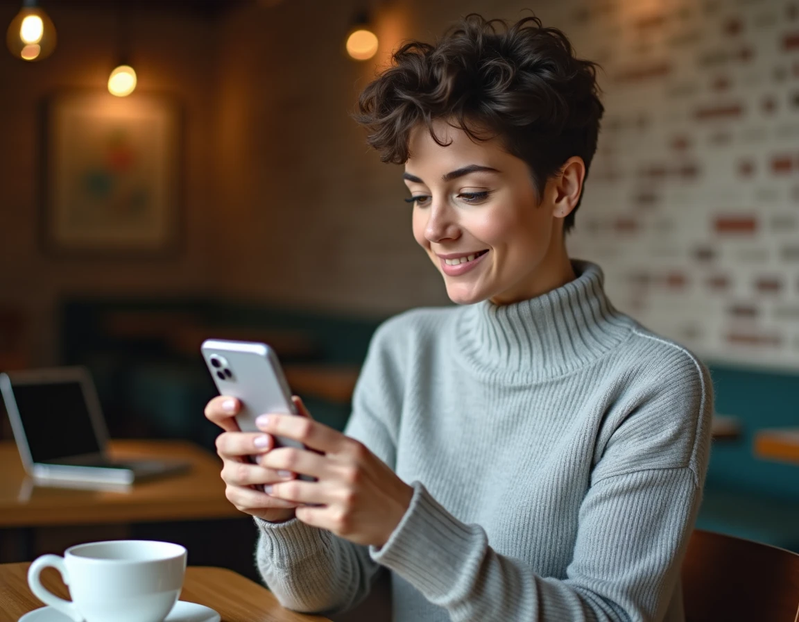 Femme tenant un smartphone Google Pixel dans un café, évaluant ses fonctionnalités avec une expression réfléchie