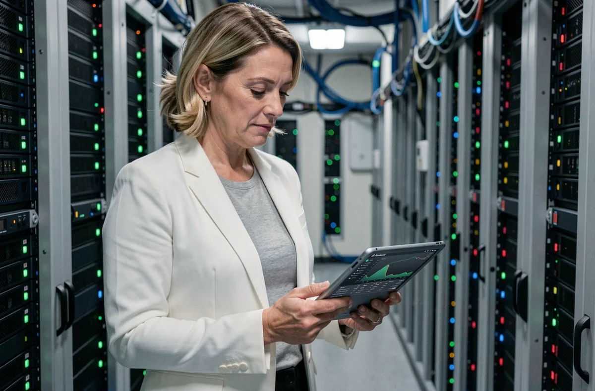 Technicienne d'Axido supervisant une salle serveurs avec des équipements réseau actifs