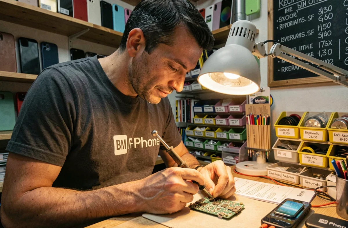 Technicien BM Phone soudant un composant sur une carte mère de smartphone dans une boutique lyonnaise
