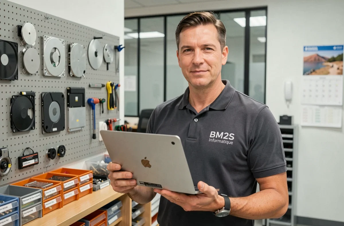 Technicien de BM2S Informatique à Toulouse tenant un MacBook avec batterie remplacée devant un mur de pièces détachées Apple