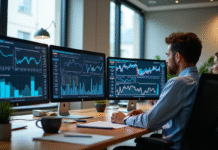 Espace de travail moderne avec professionnels analysant des graphiques