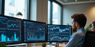 Espace de travail moderne avec professionnels analysant des graphiques