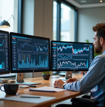 Espace de travail moderne avec professionnels analysant des graphiques