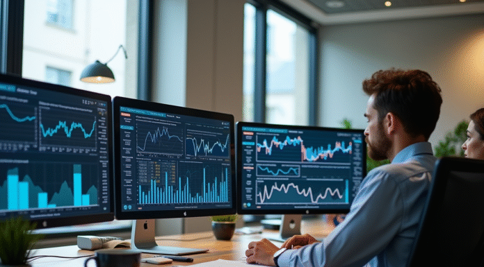 Espace de travail moderne avec professionnels analysant des graphiques