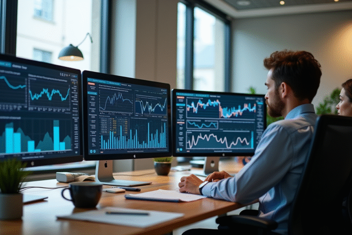 Espace de travail moderne avec professionnels analysant des graphiques