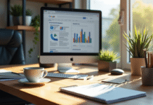 Espace de travail moderne avec ordinateur et stratégies SEO