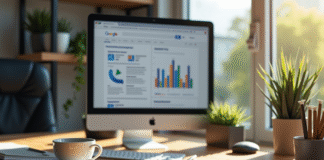 Espace de travail moderne avec ordinateur et stratégies SEO