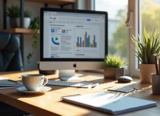 Espace de travail moderne avec ordinateur et stratégies SEO