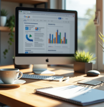 Espace de travail moderne avec ordinateur et stratégies SEO