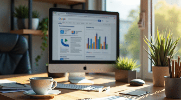 Espace de travail moderne avec ordinateur et stratégies SEO
