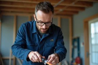 Électricien effectuant un câblage RJ45 Cat6 avec une pince à sertir lors d'une rénovation résidentielle