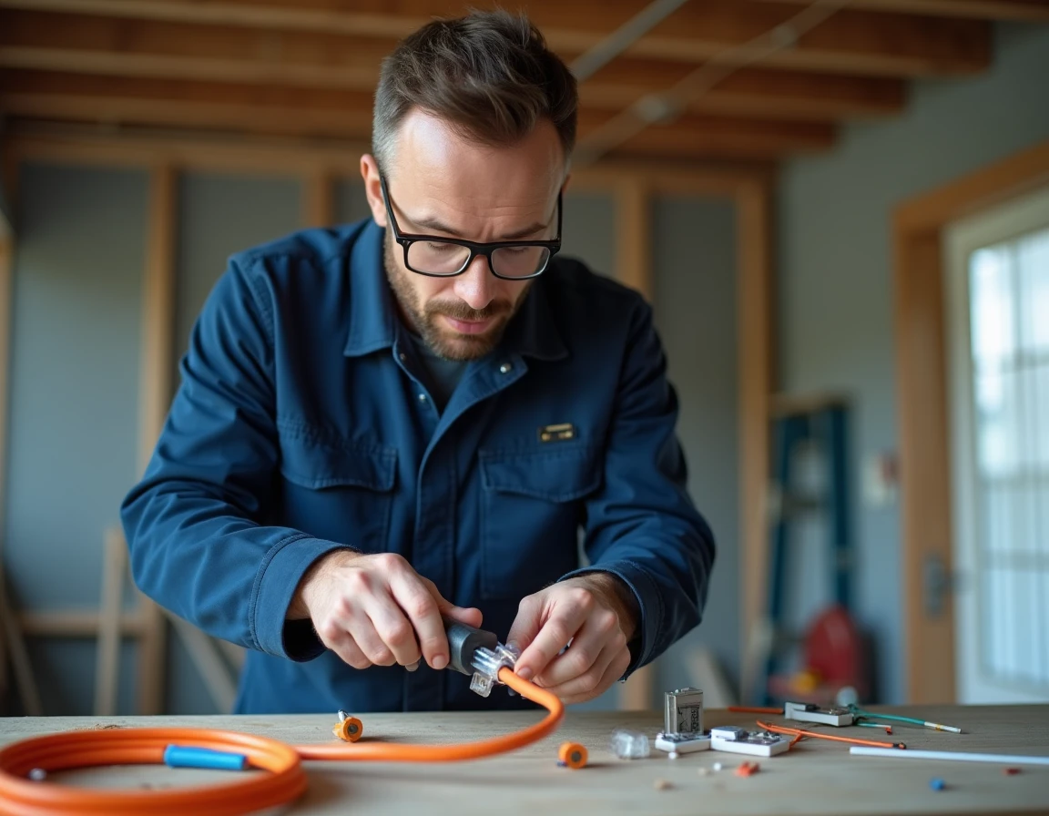 Électricien effectuant un câblage RJ45 Cat6 avec une pince à sertir lors d'une rénovation résidentielle