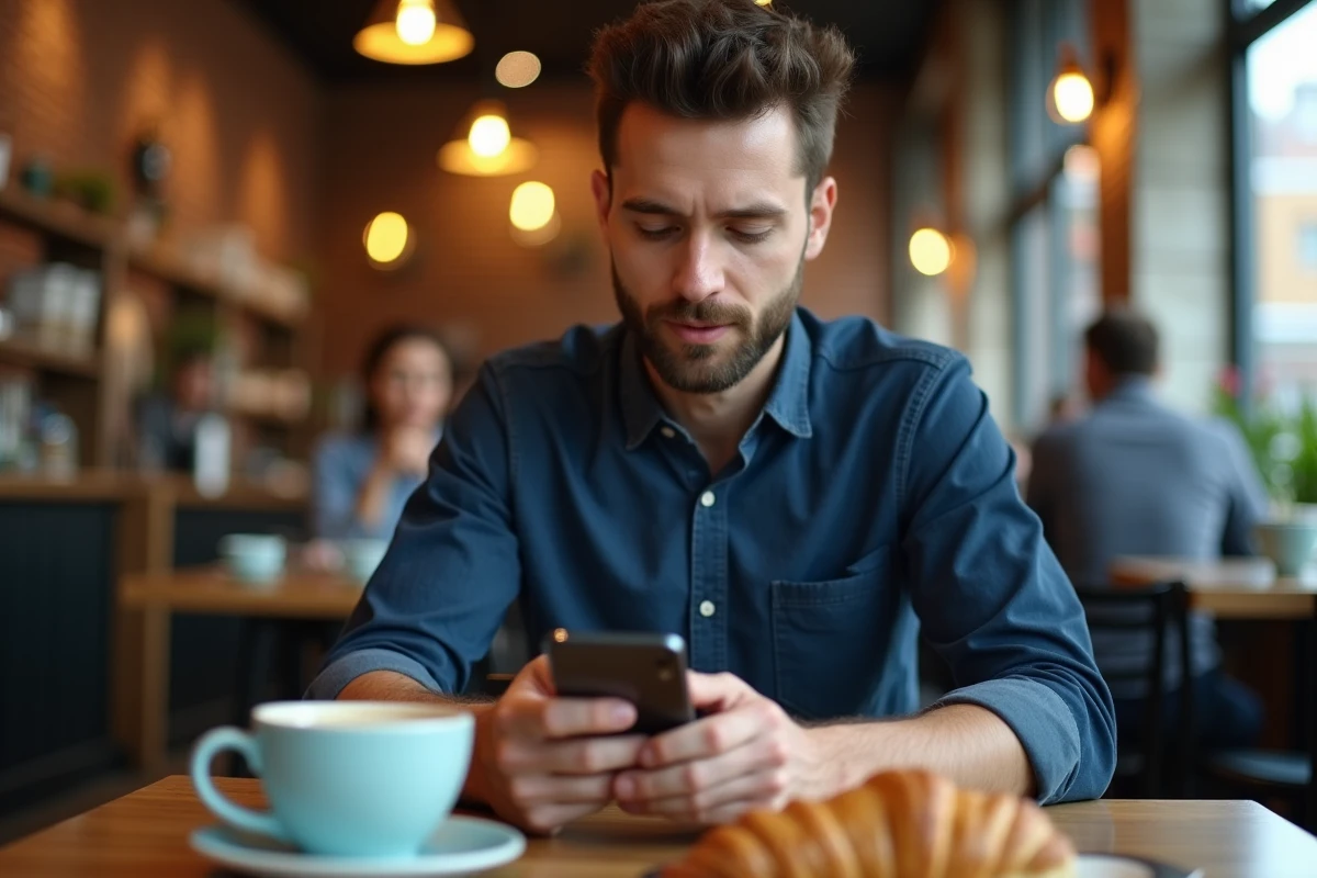 Homme calculant la taille de données en octets sur iPhone dans un café urbain