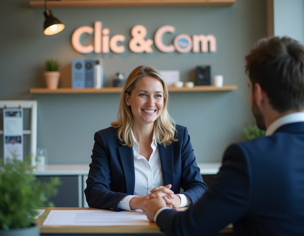 Conseillère informatique de Clic & Com à Pontarlier accueillant un client dans les locaux de l'agence