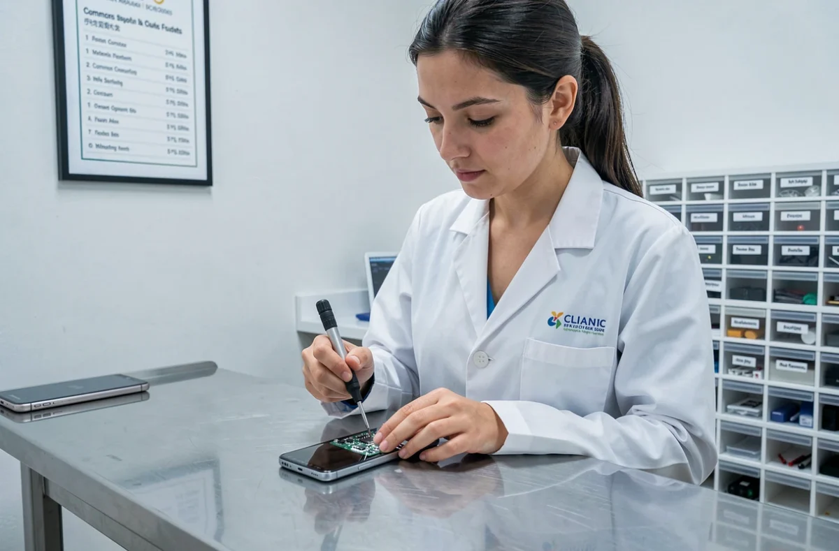 Technicienne en blouse blanche réparant un smartphone Samsung dans un atelier au style clinique médicale à Lyon