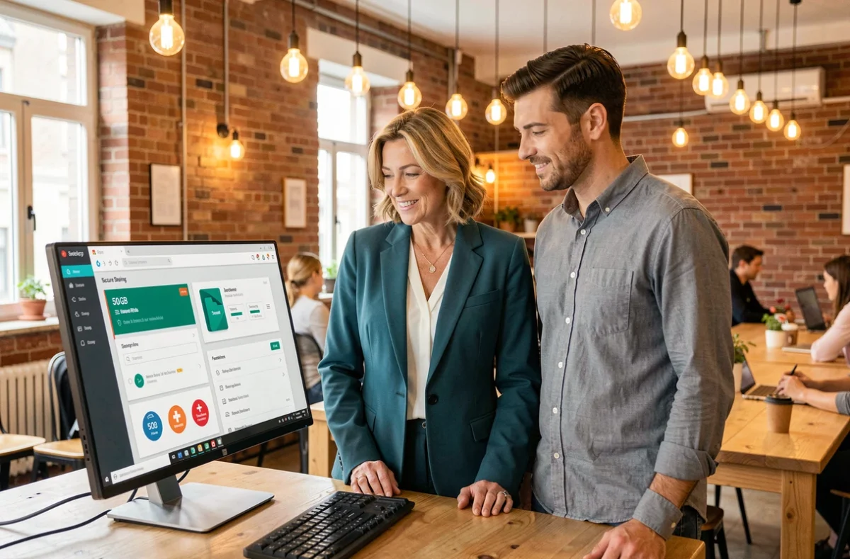 Deux collègues consultant un tableau de bord de partage de fichiers sécurisé suisse dans un espace de coworking