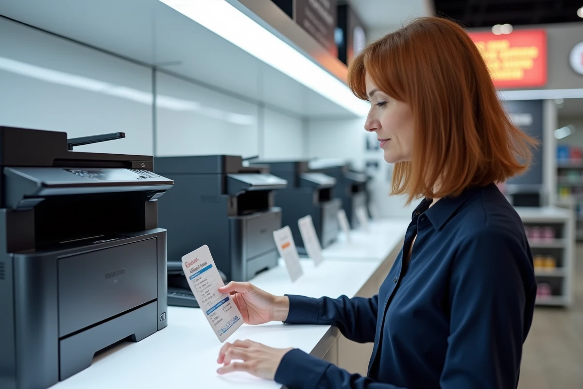 Femme comparant plusieurs imprimantes à réservoir d'encre dans un magasin, lisant les fiches techniques des modèles exposés