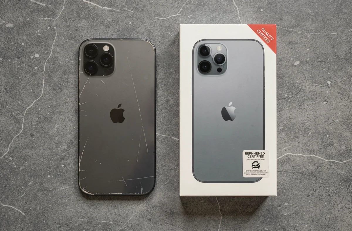 Comparaison côte à côte d'un iPhone 12 d'occasion usagé et d'un iPhone 12 reconditionné certifié dans son emballage