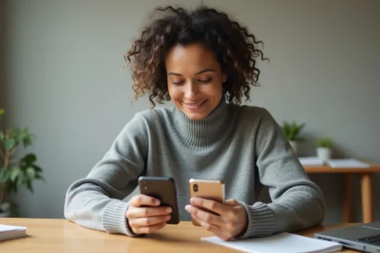 Femme comparant un téléphone Ericsson reconditionné et un modèle neuf posés côte à côte sur un bureau en bois