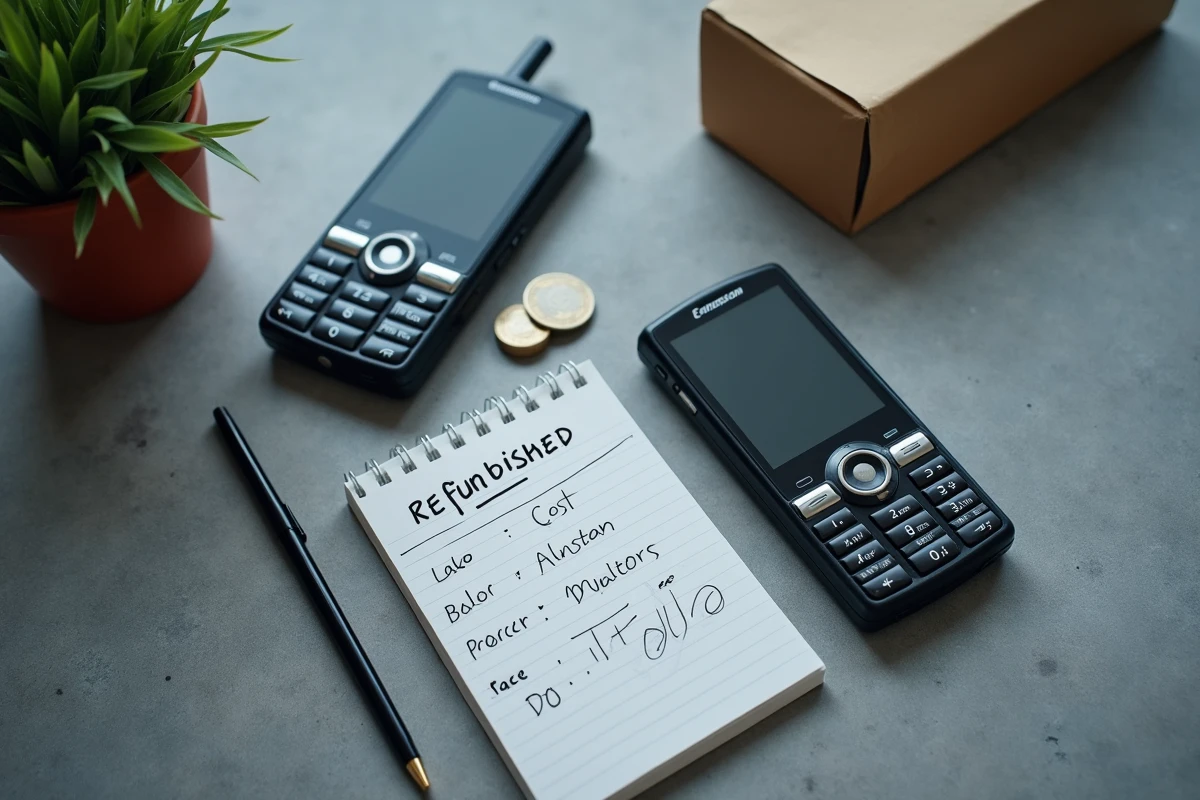 Vue aérienne d'un téléphone reconditionné et d'un smartphone neuf avec des notes de comparaison de coûts sur un bureau gris