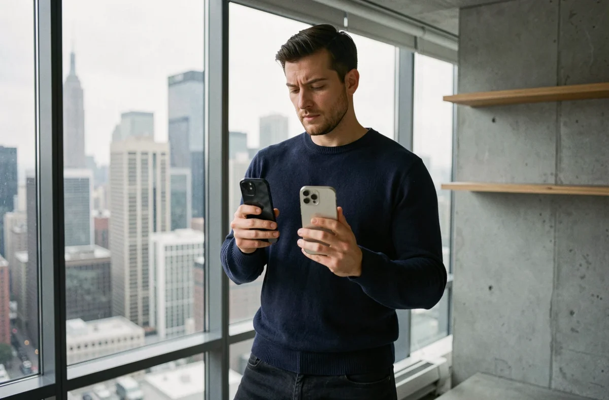 Homme comparant deux modèles d'iPhone 2026 dans un appartement urbain, comparatif meilleurs iPhone