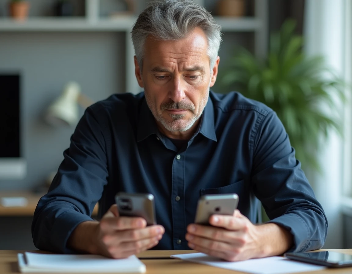 Homme comparant deux smartphones Android dont un Google Pixel sur un bureau à domicile moderne
