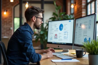 Concepteur web professionnel analysant les tarifs et offres d'une agence digitale sur son écran dans un bureau moderne