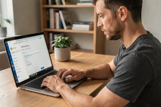 Homme configurant une adresse IP dans les paramètres réseau Windows sur un ordinateur portable