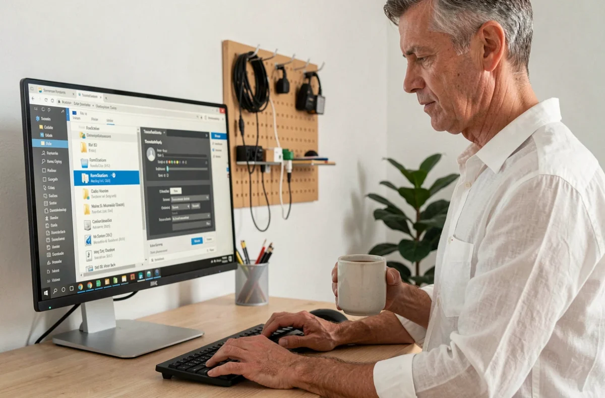 Homme consultant un guide de configuration BIOS et émulateur sur RomStation