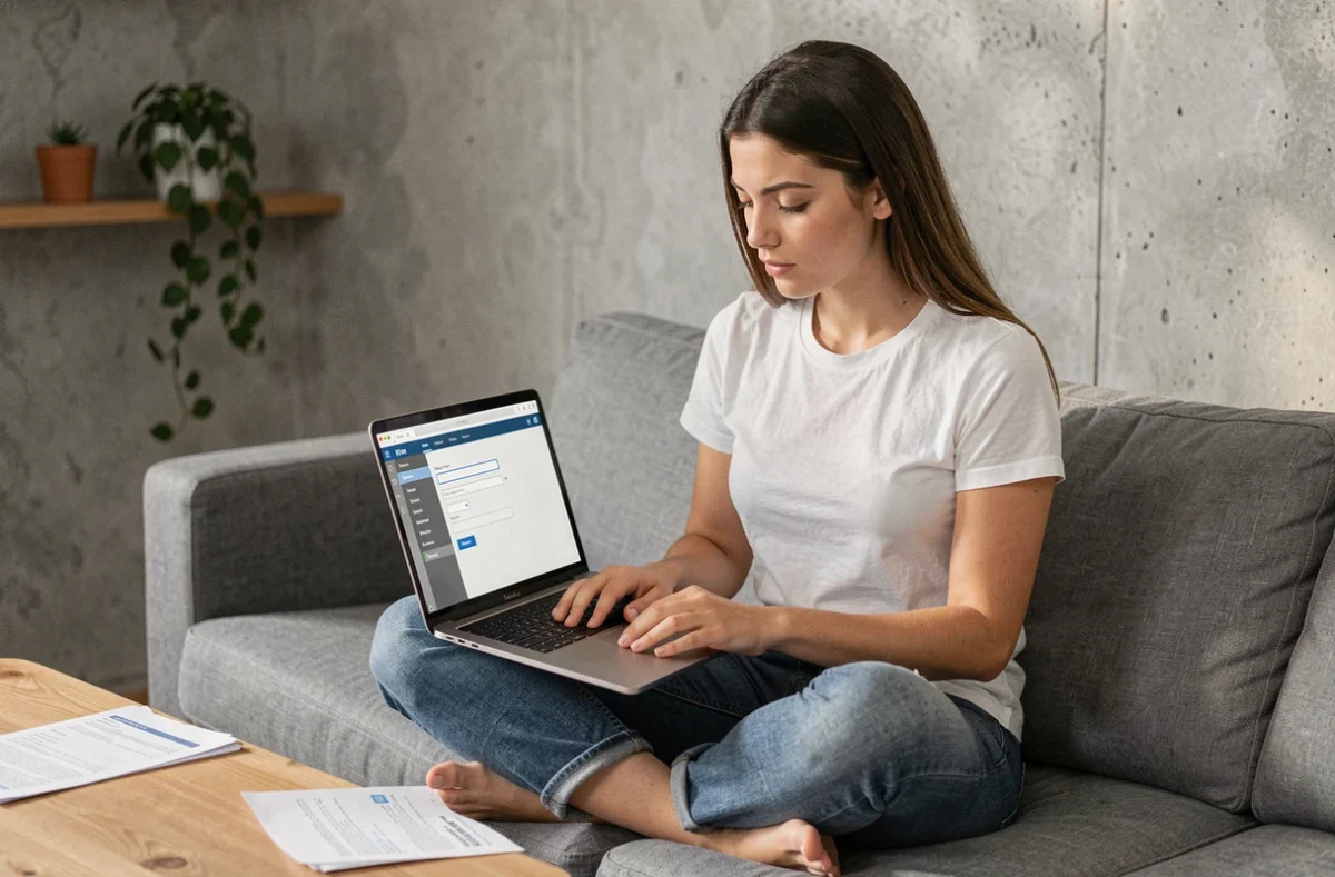 Jeune femme configurant un compte email Webmail Clermont sur un ordinateur portable depuis son canapé à la maison