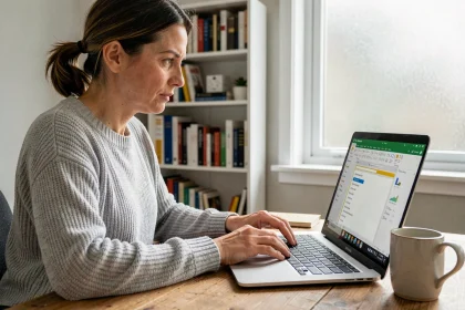Femme configurant un compte email Webmail Clermont dans Microsoft Outlook sur un ordinateur portable dans un bureau à domicile