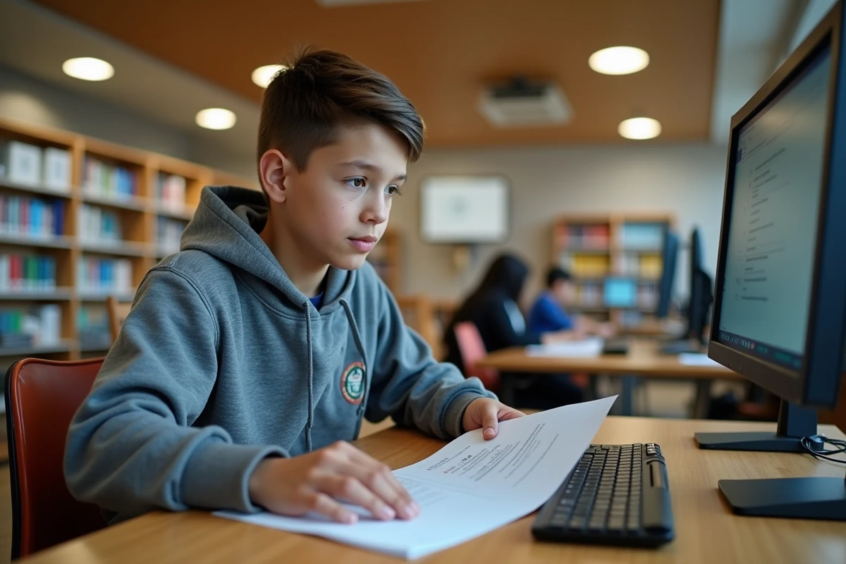 Adolescent utilisant ses codes d'accès ENT sur un ordinateur de bibliothèque scolaire