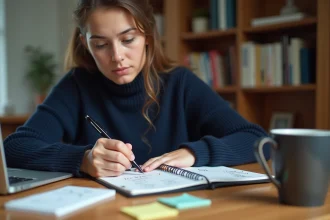 Jeune femme écrivant les conversions Go Mo Ko dans un carnet à son bureau à domicile