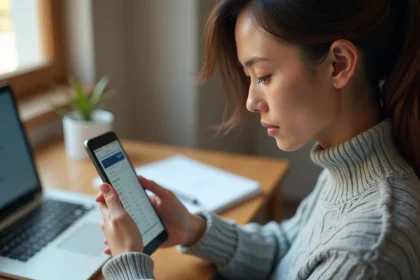 Jeune femme consultant une application de conversion d'octets sur smartphone Android dans un bureau à domicile