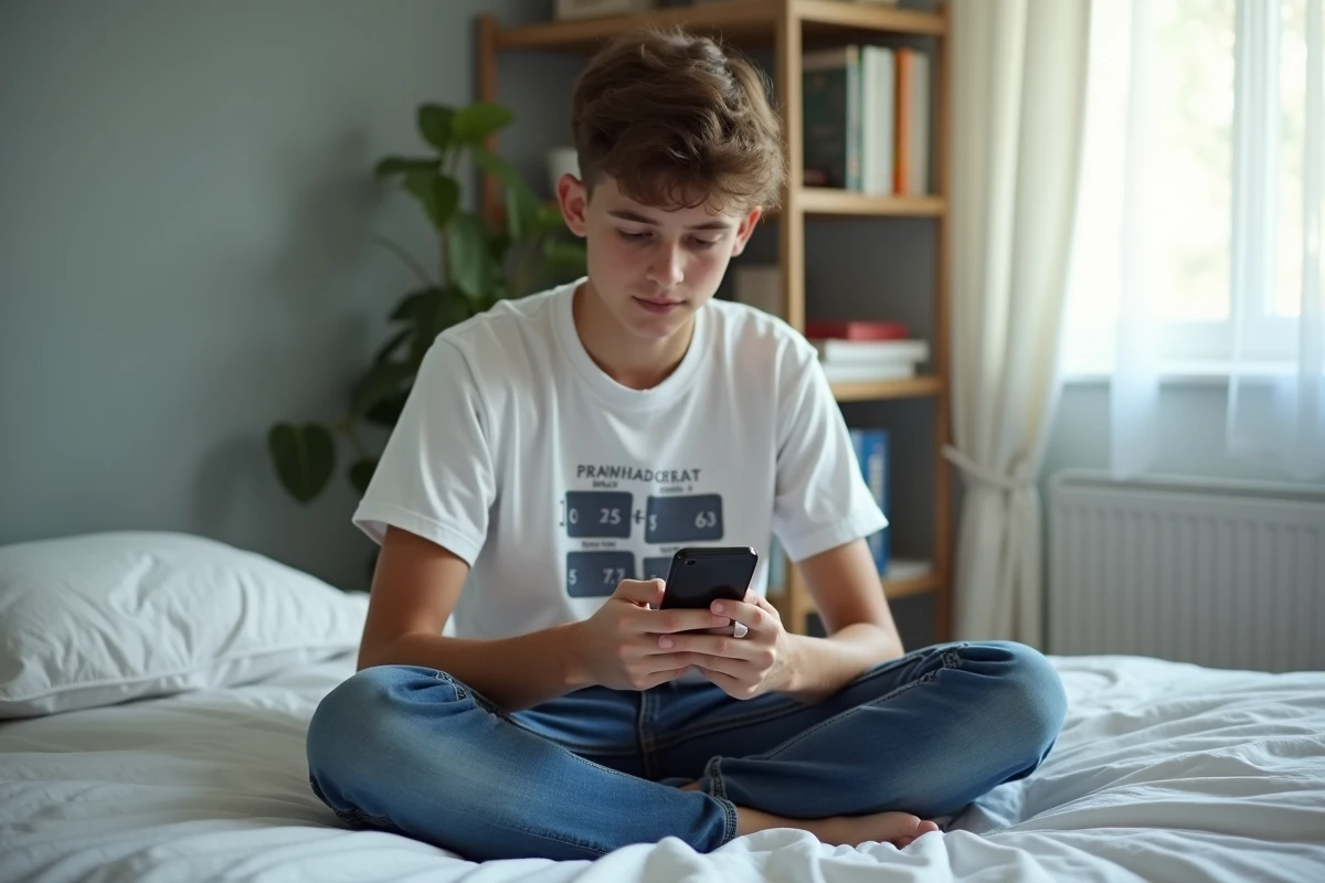 Adolescent utilisant un convertisseur d'octets sur mobile depuis sa chambre avec tablette de données affichée
